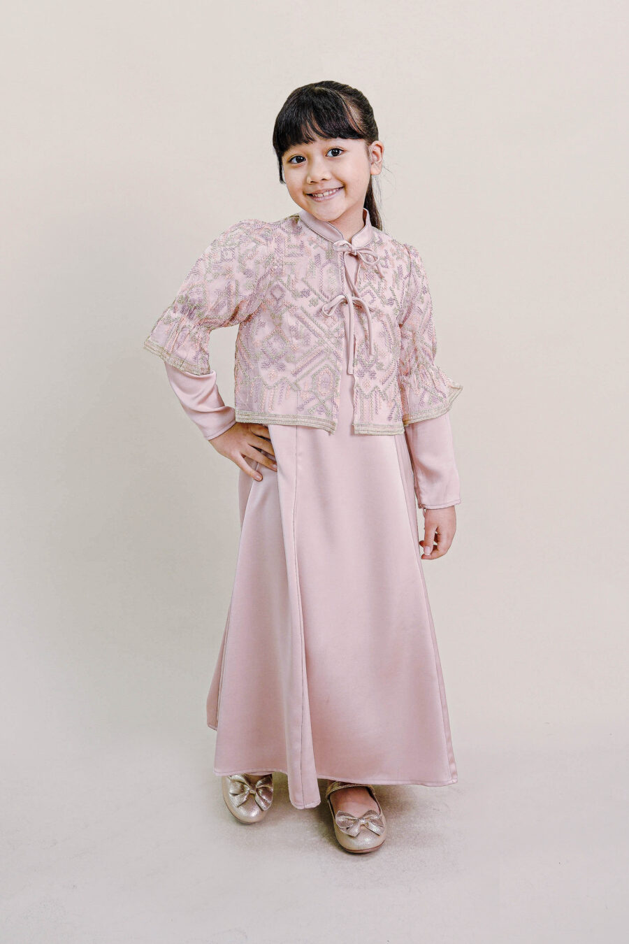 Lenora Kids Dress with Embroidered Organza Cardigan in Pink