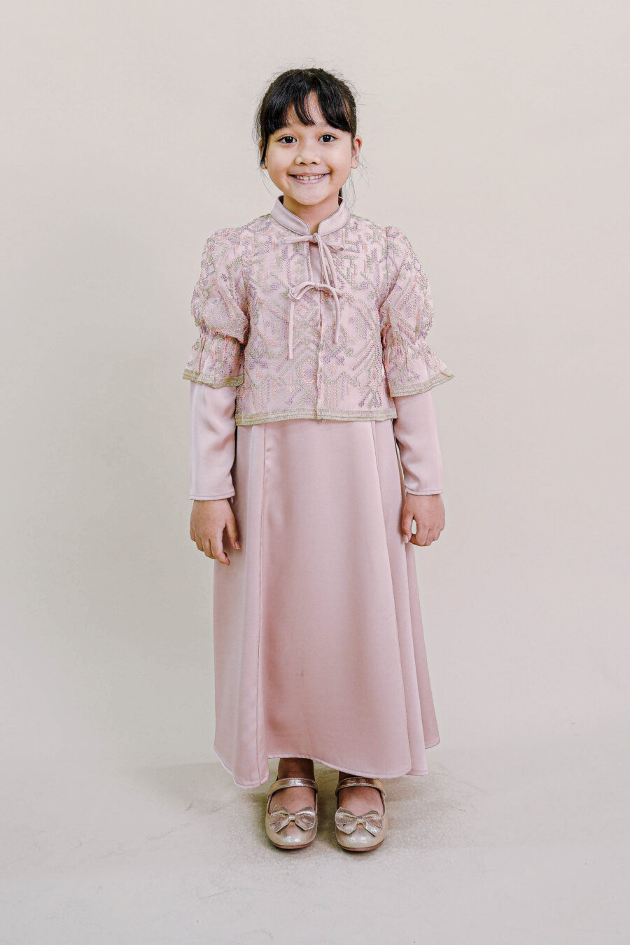 Lenora Kids Dress with Embroidered Organza Cardigan in Pink - Image 2