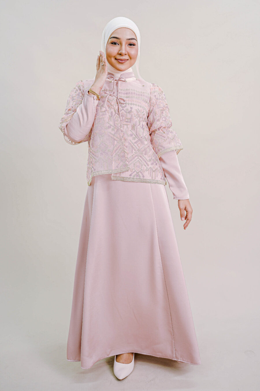 Lenora Dress with Embroidered Organza Cardigan in Pink