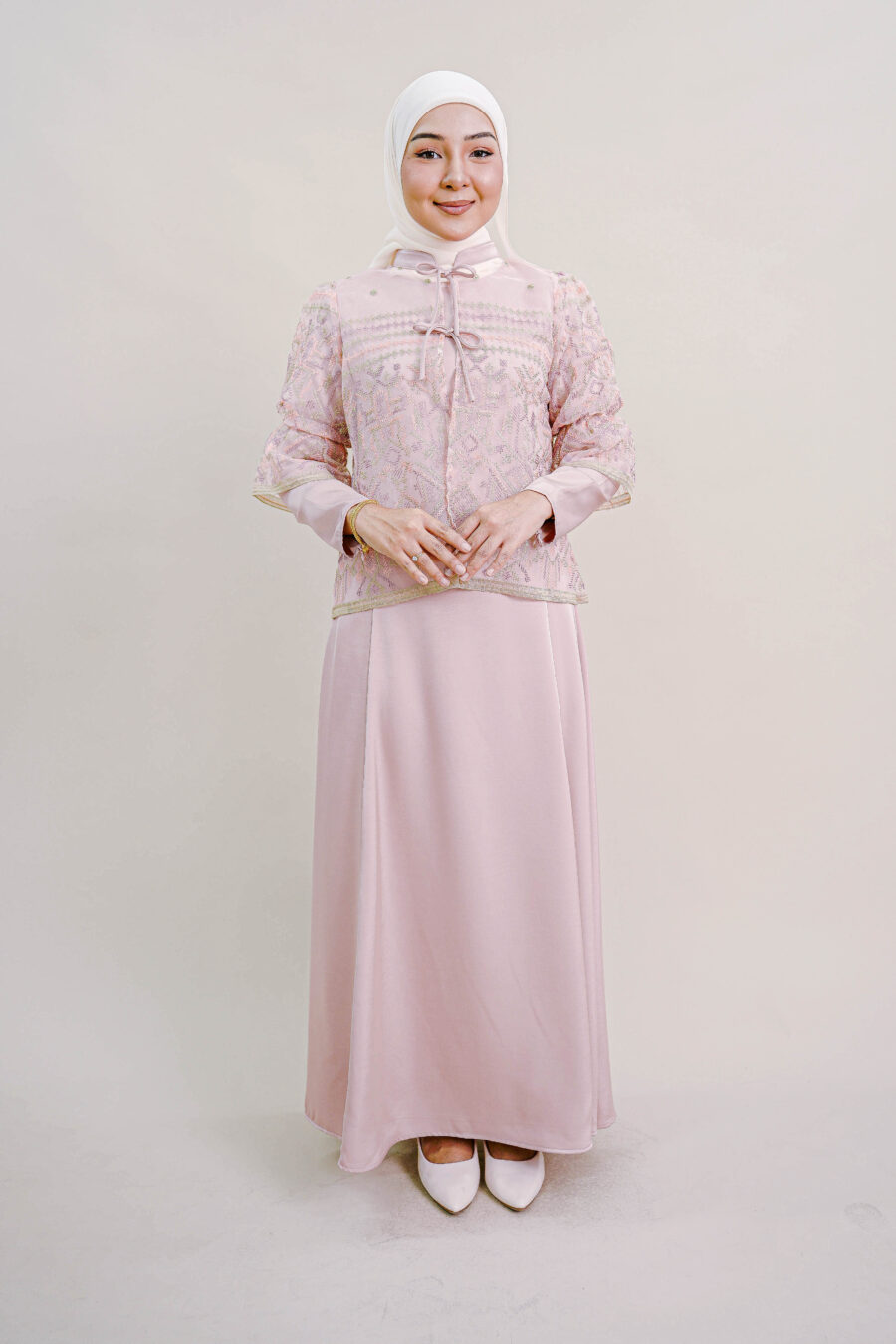 Lenora Dress with Embroidered Organza Cardigan in Pink - Image 2