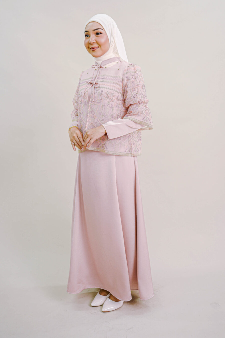 Lenora Dress with Embroidered Organza Cardigan in Pink - Image 3