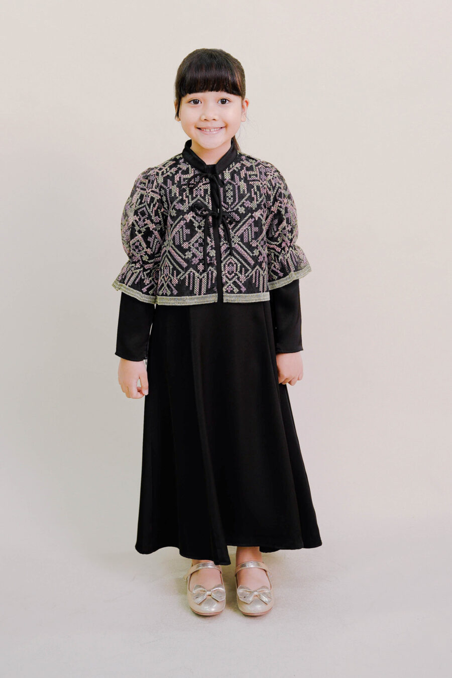 Lenora Kids Dress with Embroidered Organza Cardigan in Black