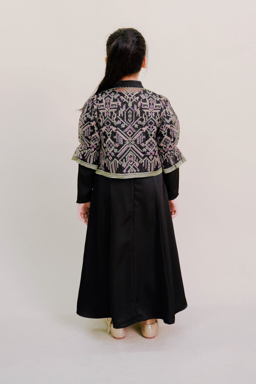 Lenora Kids Dress with Embroidered Organza Cardigan in Black - Image 3