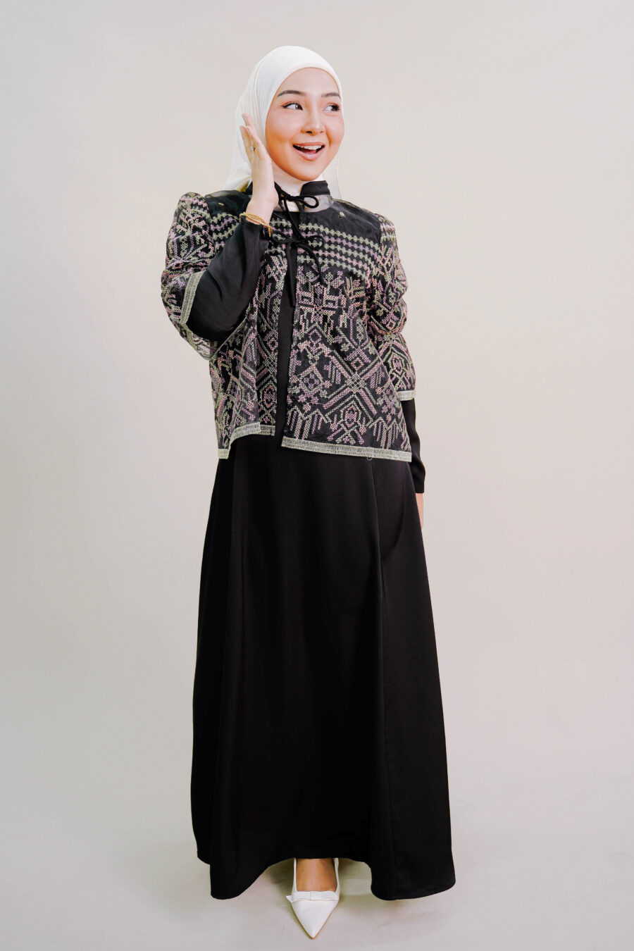 Lenora Dress with Embroidered Organza Cardigan in Black