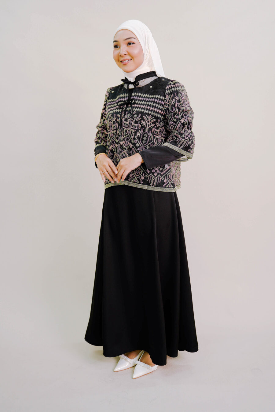 Lenora Dress with Embroidered Organza Cardigan in Black - Image 3