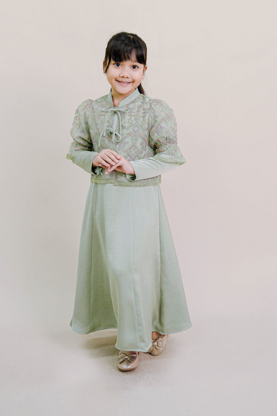 Lenora Kids Dress with Embroidered Organza Cardigan in Dusty Green