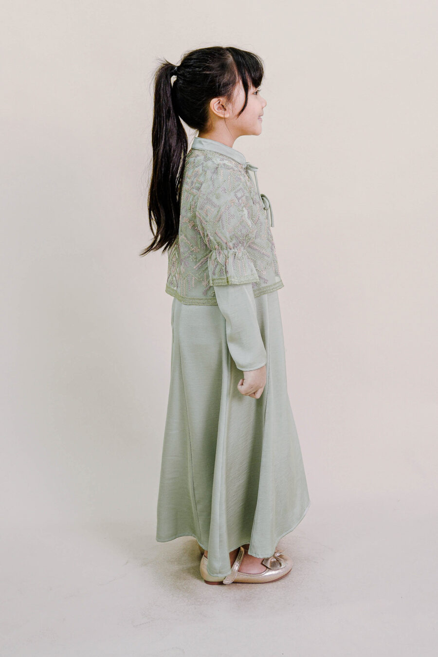 Lenora Kids Dress with Embroidered Organza Cardigan in Dusty Green - Image 2