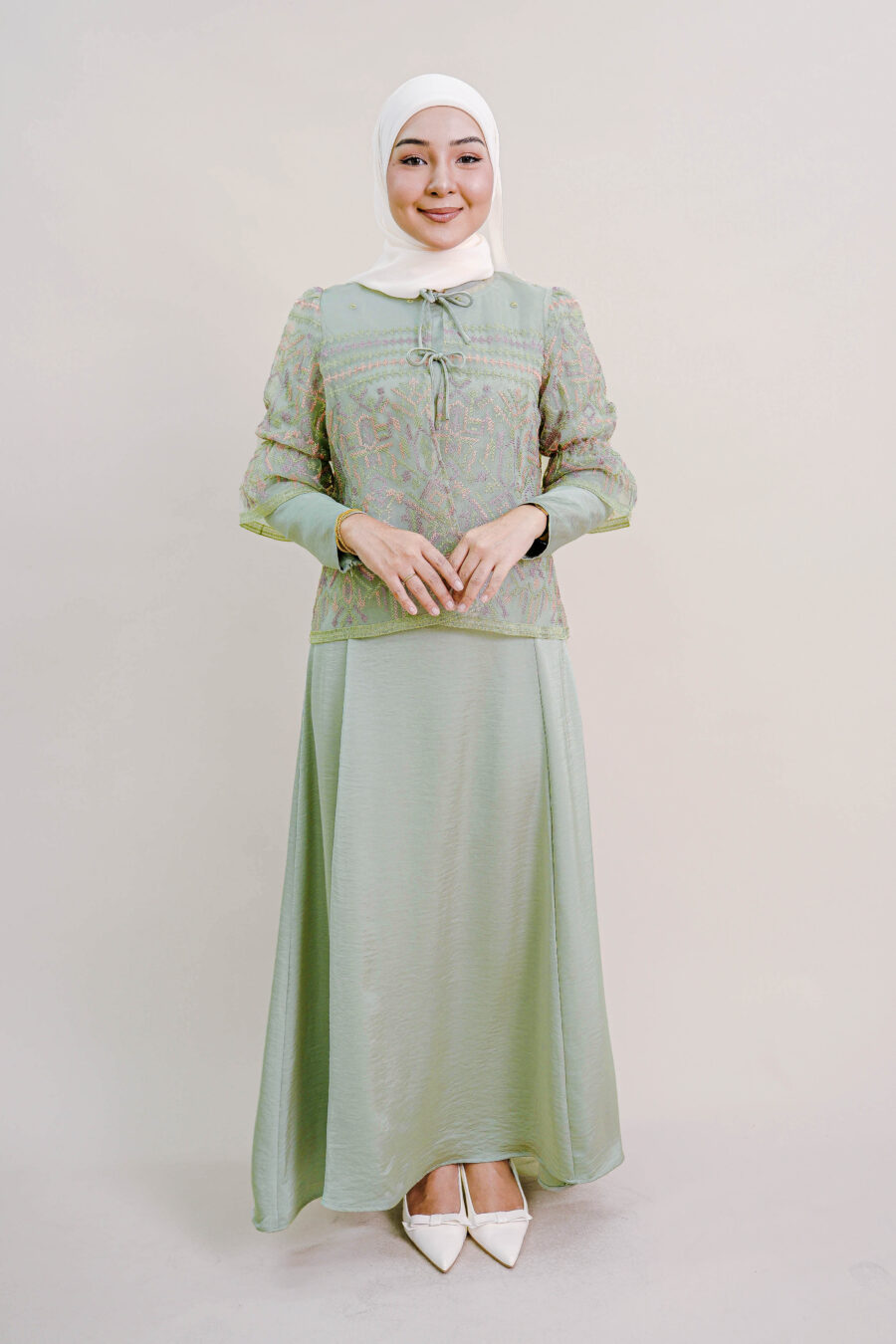 Lenora Dress with Embroidered Organza Cardigan in Dusty Green