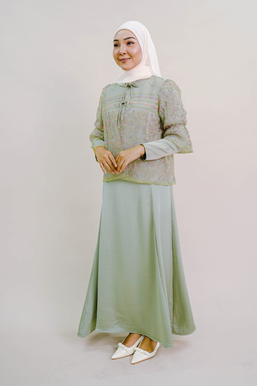 Lenora Dress with Embroidered Organza Cardigan in Dusty Green - Image 2