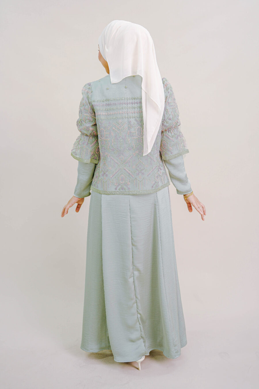 Lenora Dress with Embroidered Organza Cardigan in Dusty Green - Image 3